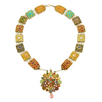 Lot 1158 - Indian Gold, Freshwater Seed Pearl, Colored Stone and Jaipur Enamel Panel Pendant-Necklace