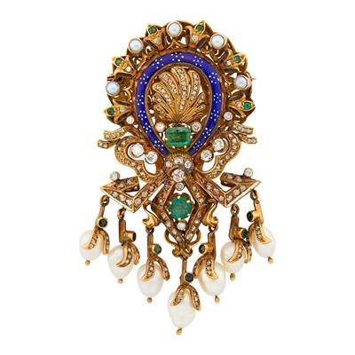 Lot 2242 - Gold, Baroque Freshwater Pearl, Diamond, Emerald and Enamel Fringe Brooch