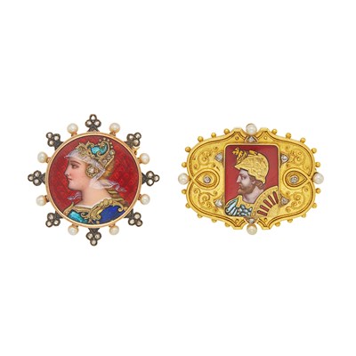 Lot 1024 - Two Gold, Silver, Enamel, Diamond and Pearl Brooches