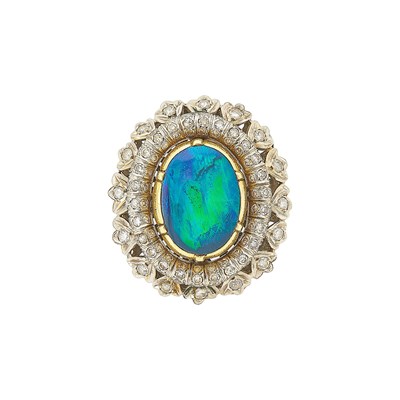 Lot 1099 - Two-Color Gold, Black Opal and Diamond Ring