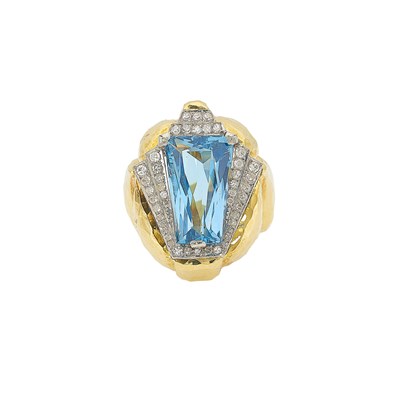 Lot 1148 - Two-Color Hammered Gold, Blue Topaz and Diamond Ring