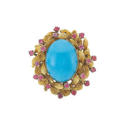 Lot 2179 - Gold, Reconstituted Turquoise and Ruby Ring