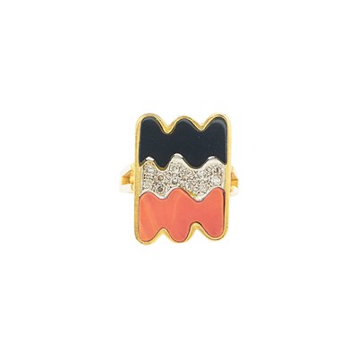 Lot 1042 - Gold, Black Onyx, Coral and Diamond Ring