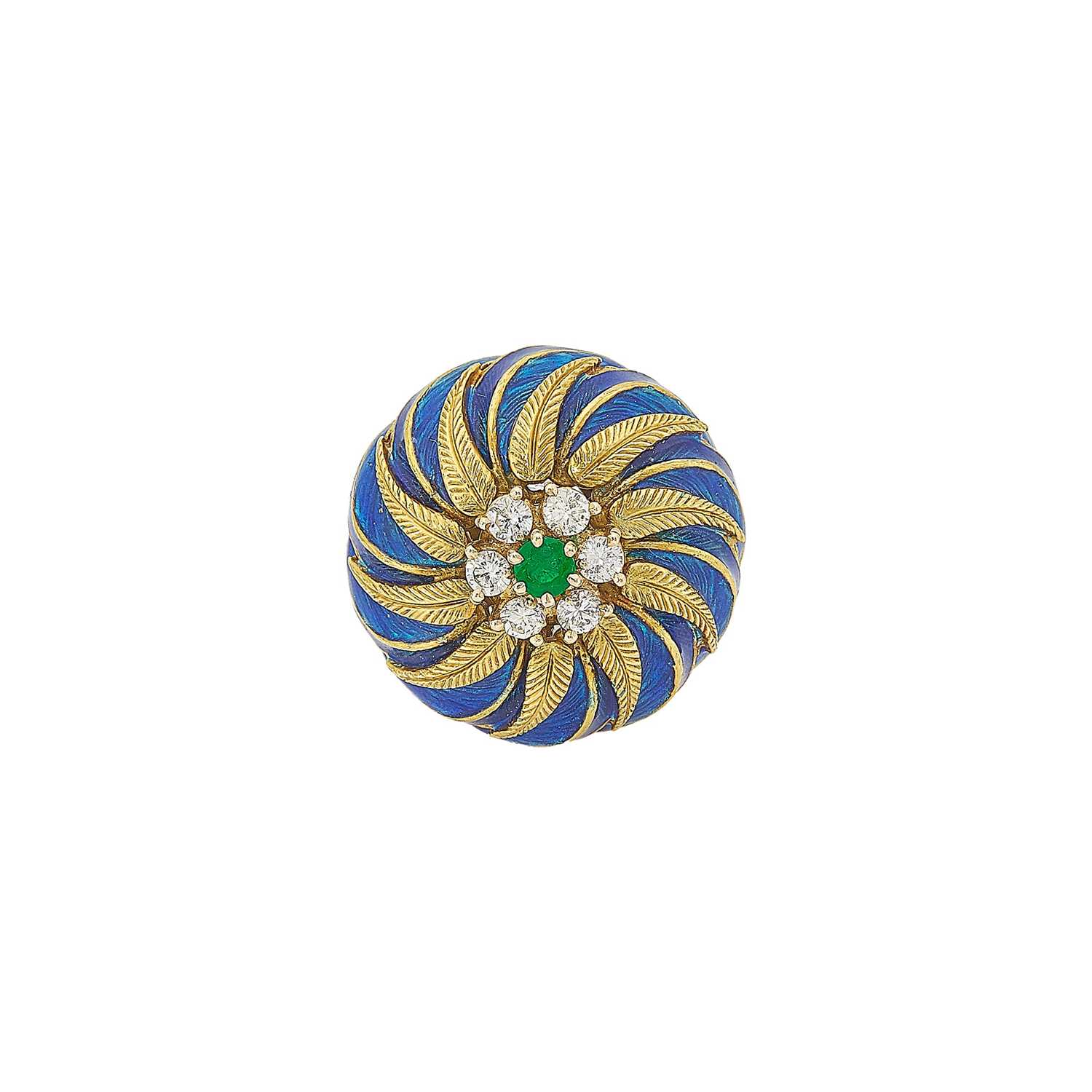 Lot 1081 - Gold, Blue Enamel, Emerald and Diamond Ring