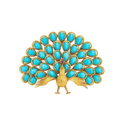 Lot 1049 - Gold, Turquoise and Ruby Peacock Clip-Brooch