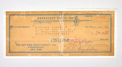 Lot 263 - The first royalty check received by Stephen Sondheim at Williams College in 1948