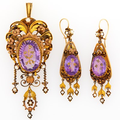 Lot 2192 - Antique Gold, Low Karat Gold, Amethyst, Pearl and Diamond Pendant-Brooch and Pair of Pendant-Earrings