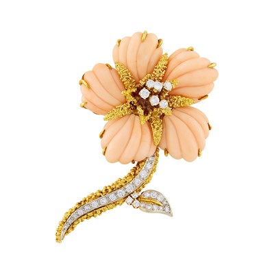 Lot 149 - Gold, Platinum, Carved Angel Skin Coral and Diamond Flower Brooch