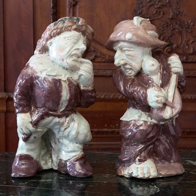 Lot 504 - PAIR OF CONTINENTAL TIN-GLAZED EARTHENWARE FIGURES OF CALLOT DWARF ENTERTAINERS