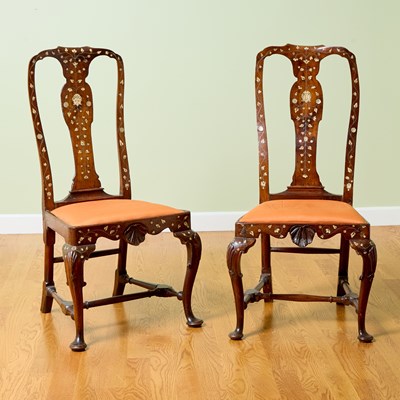 Lot 69 - Pair of Italian Baroque Bone Inlaid Walnut Side Chairs