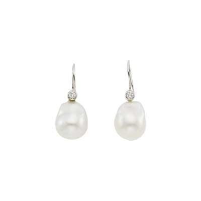 Lot 1107 - Pair of White Gold, South Sea Baroque Cultured Pearl and Diamond Pendant-Earrings