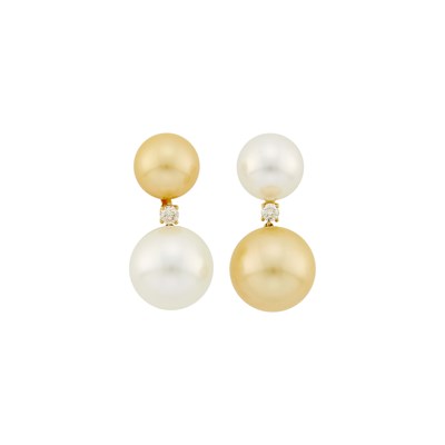 Lot 7 - Pair of Gold, Golden Cultured Pearl, South Sea Cultured Pearl and Diamond Pendant-Earrings