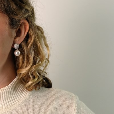 Lot 45 - Pair of White Gold, Diamond and South Sea Cultured Pearl Pendant-Earrings