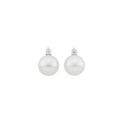 Lot 139 - Pair of White Gold, South Sea Cultured Pearl and Diamond Earrings