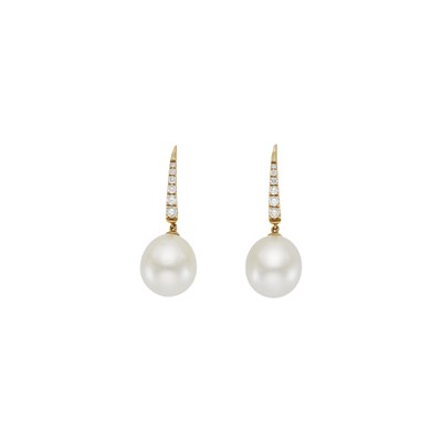 Lot 1211 - Pair of Gold, Cultured Pearl and Diamond Pendant-Earrings