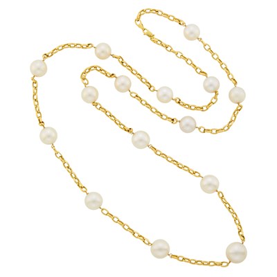 Lot 14 - Long Gold and South Sea Cultured Pearl Chain Necklace