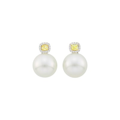 Lot 57 - Pair of White Gold, South Sea Cultured Pearl, Colored Diamond and Diamond Earrings