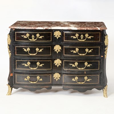 Lot 385 - Régence Gilt-Mounted and Brass-Inlaid Ebonized Commode