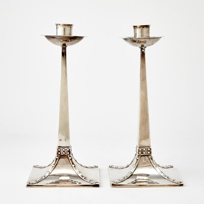 Lot 268 - Pair of Edwardian Arts & Crafts Sterling Silver Candlesticks