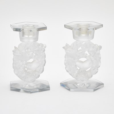 Lot 386 - Pair of Lalique Molded Glass "Mésanges" Pattern Candlesticks