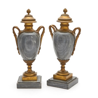 Lot 348 - Pair of Louis XVI Style Gilt-Metal Mounted Grey Marble Urns