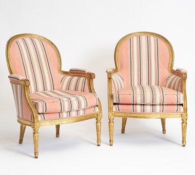 Lot 339 - Pair of Louis XVI Style Upholstered Giltwood Bergères