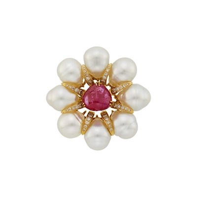 Lot 141 - Gold, Cabochon Ruby, Baroque South Sea Cultured Pearl and Diamond Flower Clip-Brooch
