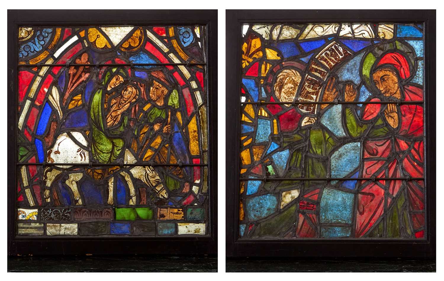 Lot 66 - Two French Romanesque Stained Glass Panels Fragments Depicting the Flight Into Egypt