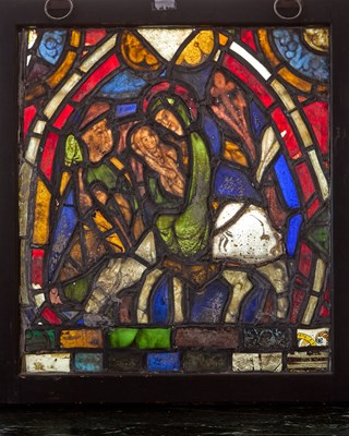 Lot 66 - Two French Romanesque Stained Glass Panels Fragments Depicting the Flight Into Egypt