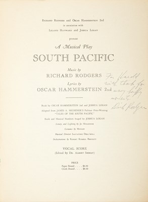 Lot 637 - The score of South Pacific inscribed from Richard Rodgers to Harold Arlen