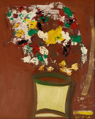Lot 655 - An original Harold Arlen painting depicting a floral still life with a red background