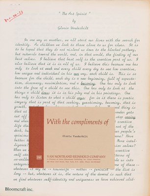 Lot 662 - A signed print, inscribed book, early photograph and artistic manifesto of Gloria Vanderbilt