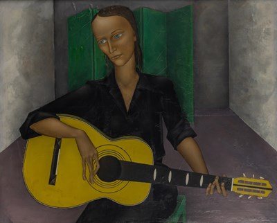 Lot 656 - An original Pierre Henry painting of a guitarist