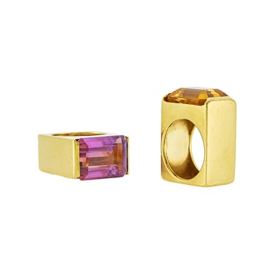 Lot 1013 - Boris LeBeau Pair of Gold, Amethyst and Citrine Rings