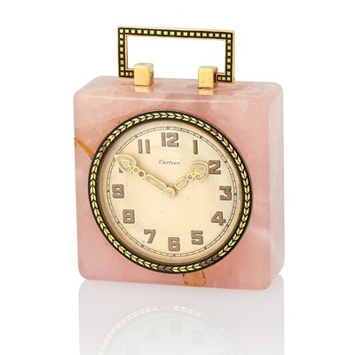 Lot 47 - Cartier Rose Quartz, Gold and Black Enamel Desk Clock