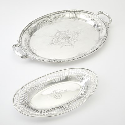 Lot 216 - Gorham Sterling Silver "Maintenon" Pattern Two Handled Drinks Tray and a Sterling Silver Bread Tray