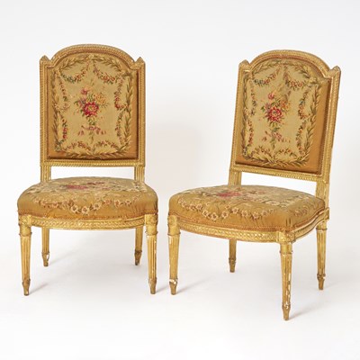 Lot 296 - Pair of Louis XVI Style Tapestry Upholstered Giltwood Side Chairs