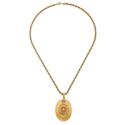 Lot 1155 - Antique Two-Color Gold and Diamond Locket Pendant with Gilt-Metal Rope-Twist Chain Necklace