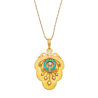 Lot 1149 - Antique Gold, Turquoise and Pearl Pendant-Locket with Chain Necklace