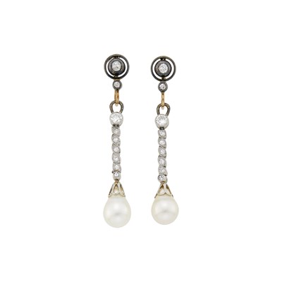 Lot 1142 - Pair of Platinum, Gold, Silver, Cultured Pearl and Diamond Pendant-Earrings