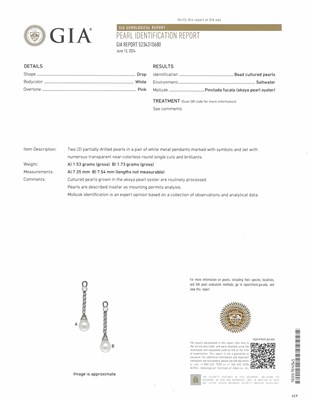 Lot 1142 - Pair of Platinum, Gold, Silver, Cultured Pearl and Diamond Pendant-Earrings