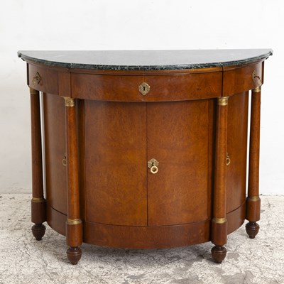 Lot 374 - French Empire Style Burl Wood Demilune Marble Top Sideboard