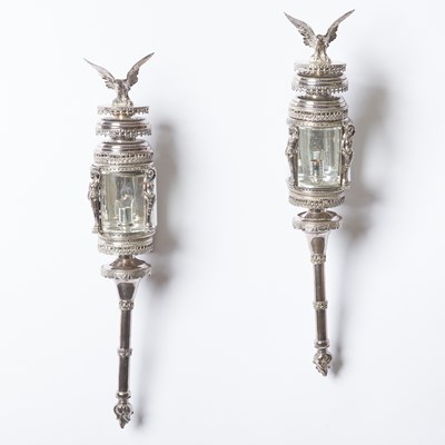 Lot 296 - Pair of American Silver Plate and Glass Monumental Carriage Lamps