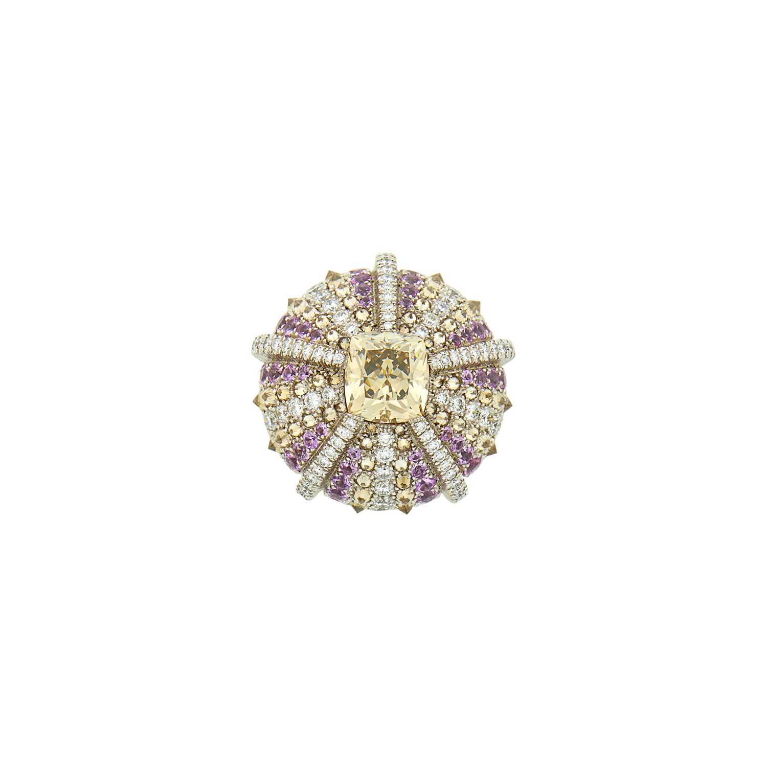 Lot 37 - Lorenz Bäumer Paris White Gold, Colored Diamond, Diamond and Pink Sapphire 'Sea Urchin' Ring