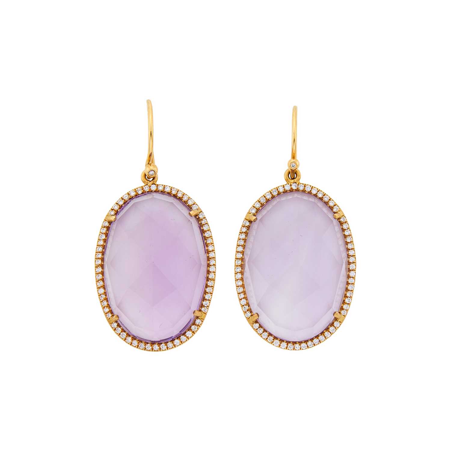Lot 1030 - Irene Neuwirth Pair of Rose Gold, Amethyst and Diamond Pendant-Earrings