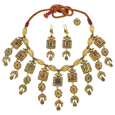 Lot 1157 - Moroccan Gold, Enamel and Gem-Set Fringe Necklace with Cord, Pair of Pendant-Earrings and Pendant