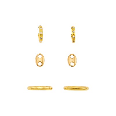 Lot 1236 - Pair of Gold Band Rings, Pair of Rose Gold Stud Earrings and Pair of Gold and Diamond Hoop Earrings