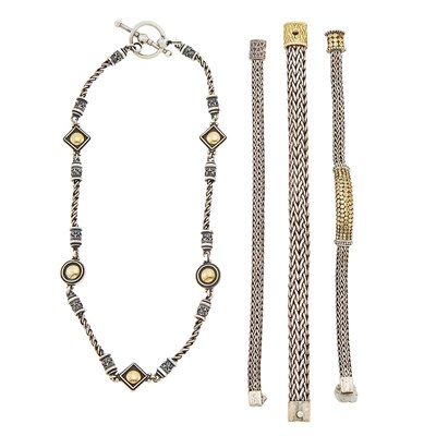 Lot 1290 - John Hardy Three Silver and Gold Bracelets and Necklace