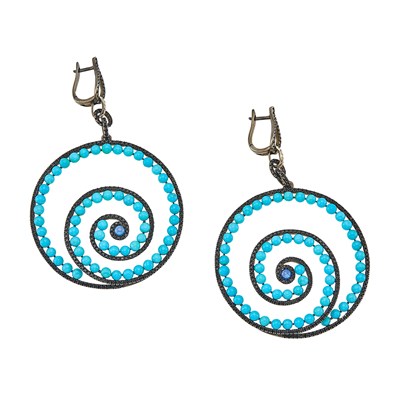 Lot 1150 - Pair of Blackened Gold, Turquoise, Black Diamond, Cabochon Sapphire and Diamond Spiral Pendant-Earrings