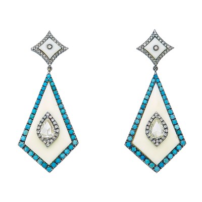 Lot 1092 - Attributed to Bochic Pair of Blackened Silver, White Bakelite, Colored Diamond, Diamond and Turquoise Pendant-Earrings